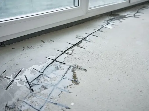 Betonboden mit eingeschnittenen Fugen und Bewehrung, bereit für die Ausbesserung des Estrichs.