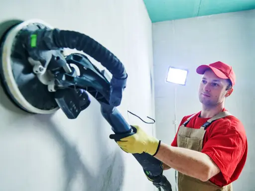 Mann schleift mit einem Langhalsschleifer die Wand per Hand.