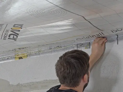 Mann bringt eine Dampfbremse an der Decke an. Die silberne Folie mit dem Isover-Logo wird sorgfältig verklebt.
