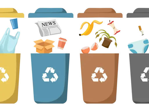Vier Mülleimer mit Recycling-Symbolen: Gelb für Plastik, Blau für Papier, Braun für Biomüll, Grau für Restmüll. Hier werden leere Farbeimer entsorgt.