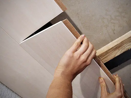 Hände bringen Deckenpaneele an, ohne Unterkonstruktion. Die Paneele werden direkt an die Decke geklebt oder geschraubt.