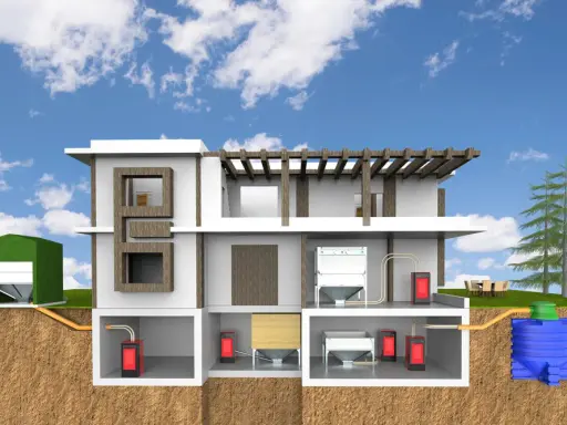 Schematische Darstellung eines Hauses mit Pelletlager, Heizsystem und Wassertank. Zeigt den gesamten Prozess des **Pellets Verbrauch im Jahr**.