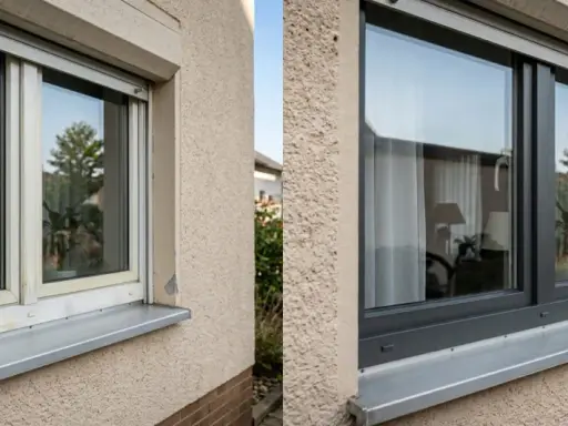 Vorher/Nachher-Vergleich: Ein vergilbtes Kunststofffenster wurde professionell dunkelgrau lackiert.