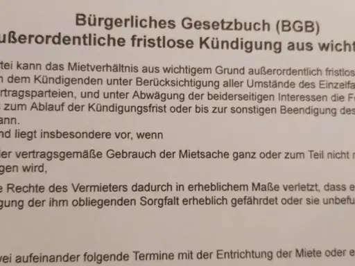§ 543 BGB: Außerordentliche Kündigung aus wichtigem Grund. Ein wichtiger Grund ist z.B. eine monatsmiete nicht bezahlt.