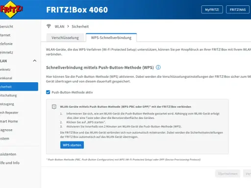 FRITZ!Box 4060: WPS-Schnellverbindung aktivieren für einfache WLAN-Verbindung. Was ist WPS? Wi-Fi Protected Setup für sichere Geräteanbindung.