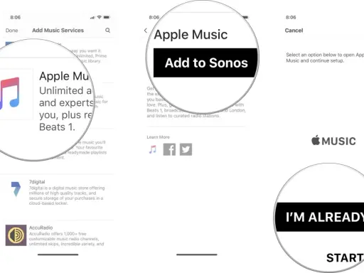 Apple Music zu Sonos hinzufügen. Der Bildschirm zeigt die Option "Add to Sonos" für Apple Music.
