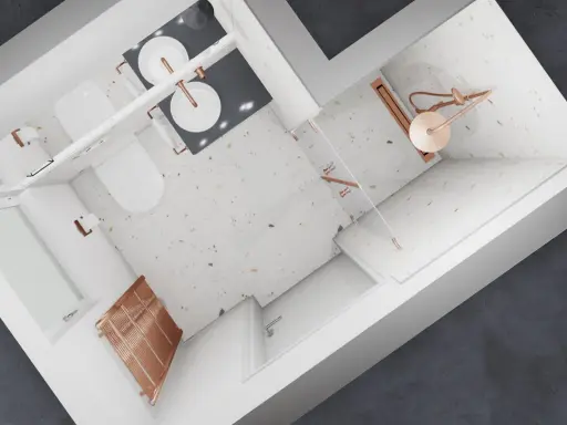 Modernes Badezimmer mit Terrazzo-Fliesen, zwei Toiletten, Doppelwaschbecken und einer Dusche. Die Kupferakzente bei den Armaturen und dem Heizkörper passen gut zu den hellen Fliesen.