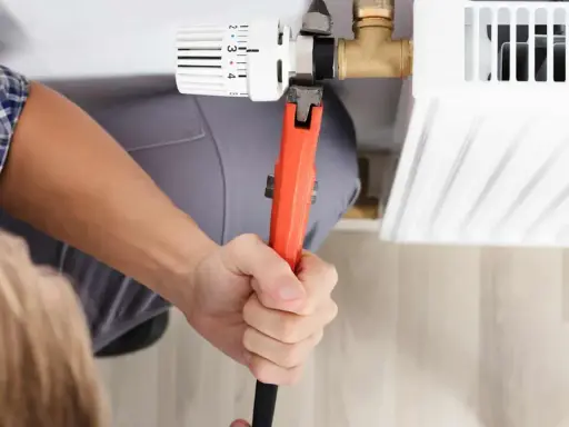 Hand mit Rohrzange dreht am Thermostatventil, um es abzuschrauben. Heizkörper wird repariert.