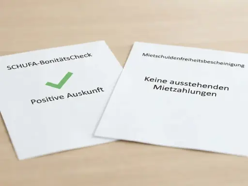 Zwei Dokumente: SCHUFA-BonitätsCheck mit positivem Auskunft-Häkchen und eine Mietschuldenfreiheitsbescheinigung, die bestätigt: Keine ausstehenden Mietzahlungen.
