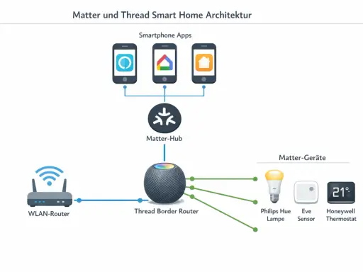 Schema der Matter und Thread Smart Home Architektur: Smartphone-Apps steuern Geräte über einen Matter-Hub und Thread Border Router.