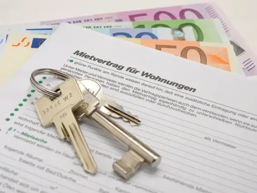 Schlüssel und Geld liegen auf einem Mietvertrag. Nach einer Privatinsolvenz kann dies ein Neuanfang für eine neue Wohnung sein, die Kaution ist gesichert.