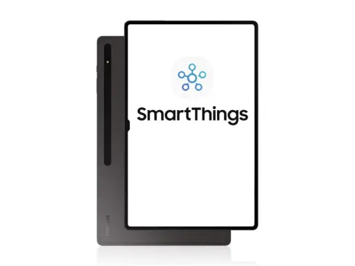 Ein Tablet mit dem SmartThings-Logo. Erfahren Sie, was SmartThings ist: die App zur Steuerung Ihres vernetzten Zuhauses.