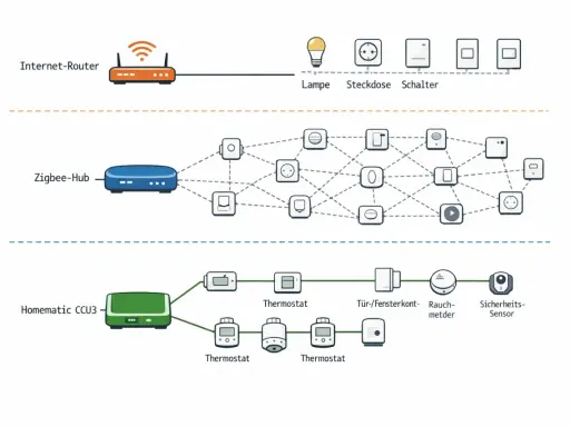 Schema zeigt ein Smart-Home-Netzwerk mit Internet-Router, Zigbee-Hub und Homematic CCU3, die Geräte wie Lampen, Thermostate und Sensoren steuern. Zigbee und Matter sind hierbei wichtige Standards.