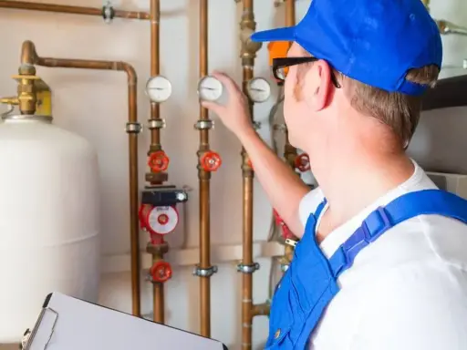 Techniker prüft Heizungsanlage, um das Heizung Wasser ablassen zu können. Er kontrolliert Manometer an Kupferrohren.