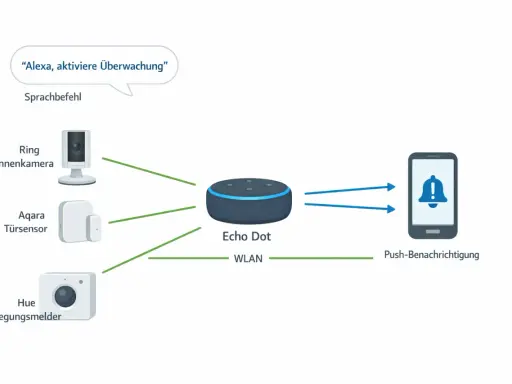 Alexa Geofencing: Sprachbefehl "Alexa, aktiviere Überwachung" steuert Echo Dot, der über WLAN mit Kameras, Sensoren und Smartphone verbunden ist.