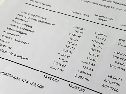 Abrechnungsposten mit Kosten für Gebäudeversicherung, Grundsteuer, Strom, Heizung, Abwasser und Gartenpflege. Die Gesamtkosten betragen 13.667,60 €.