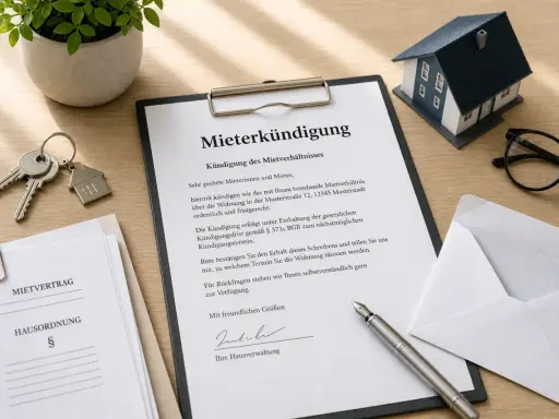 Schreibtisch mit Mietvertrag, Schlüssel, Hausmodell und Kündigungsschreiben, das die gesetzliche Kündigungsfrist gemäß § 573c BGB erwähnt.
