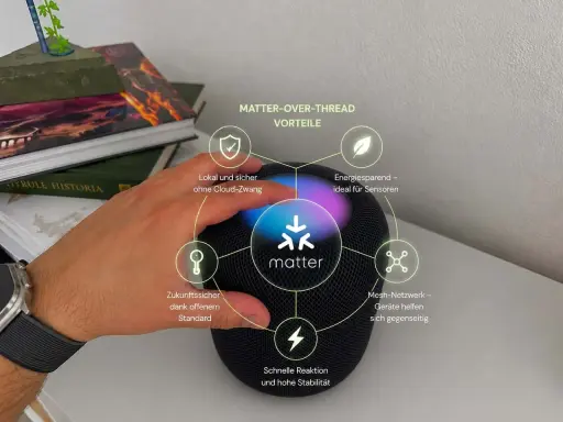 HomePod Mini mit Matter-Unterstützung: Lokal, sicher, energiesparend und zukunftssicher dank offenem Standard.