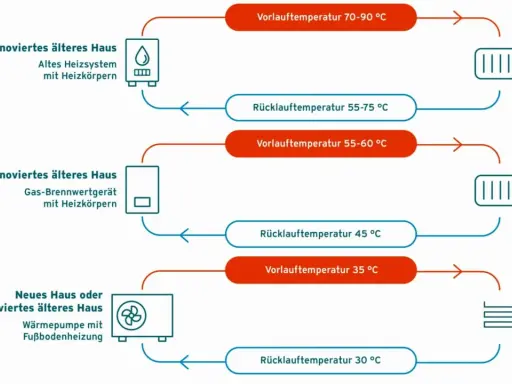 Vergleich von Heizsystemen: Hohe Vorlauftemperatur bei alten Heizkörpern, niedrigere bei Brennwertkessel und Wärmepumpe mit Fußbodenheizung.