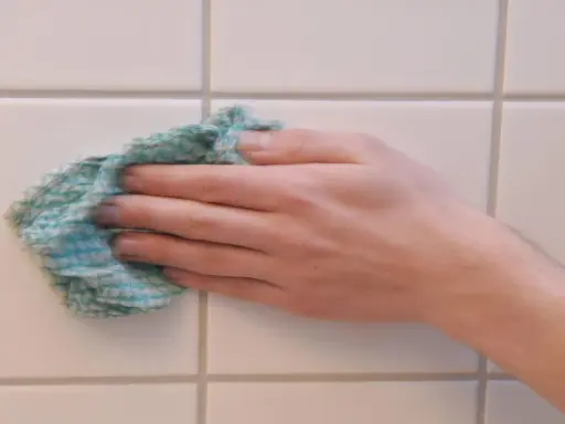 Hand wischt mit einem Tuch über weiße Wandfliesen, um sie zu reinigen.