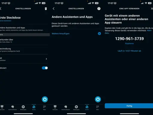 Ein Eve Systems Steckdosen-Gerät wird mit Alexa verbunden. Der Code 1290-961-3739 wird angezeigt.