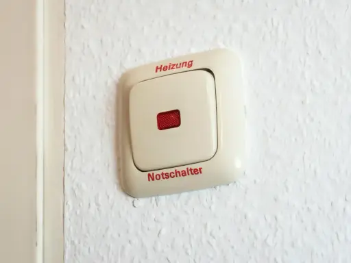 Ein beiger Schalter an einer weißen Wand mit der Aufschrift "Heizung" und "Notschalter". Dieser heizungsnotschalter pflicht ist wichtig für die Sicherheit.