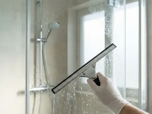 Mit einem Gummiabzieher wird die nasse Glasdusche gereinigt. Wasser und Schaum laufen über das Glas.