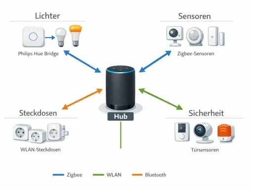 Schema zeigt Philips Hue Bridge für Lichter, Zigbee-Sensoren, WLAN-Steckdosen und Sicherheit. Die Reichweite des Hubs verbindet alles.