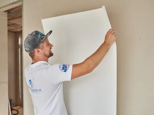 Maler tapeziert Malervlies an einer Wand.