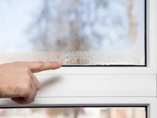 Finger zeigt auf beschlagene Fensterscheibe. Hohe Luftfeuchtigkeit im Raum senken ist wichtig, um Kondensation zu vermeiden.