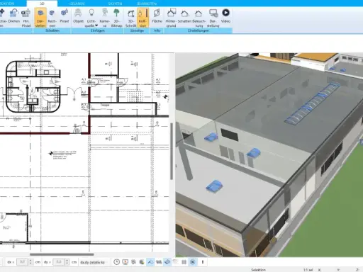 Bauplan und 3D-Modell eines Gebäudes. Ein Nutzer richtet die Werkstatt ein, indem er Elemente im Plan platziert und die 3D-Ansicht zur Überprüfung nutzt.