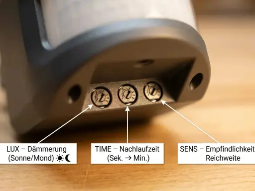 Nahaufnahme von drei Einstellrädern an einem Bewegungsmelder: LUX (Dämmerung), TIME (Nachlaufzeit) und SENS (Empfindlichkeit/Reichweite). So lässt sich der Bewegungsmelder einstellen.