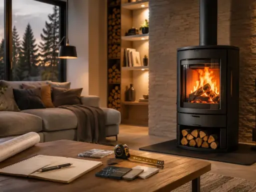 Gemütliches Wohnzimmer mit brennendem Kamin, der zum **kamin einbauen** einlädt. Baupläne und Materialmuster liegen bereit.
