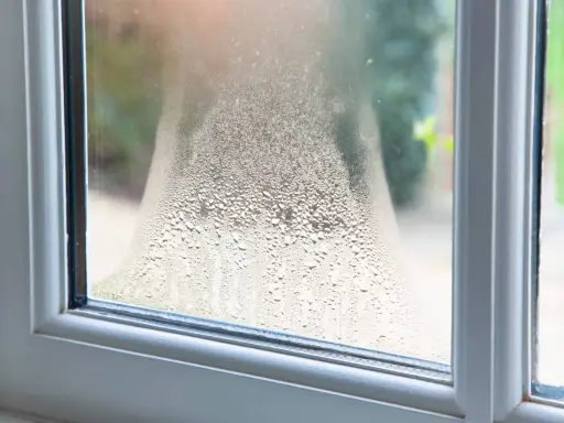 Fenster beschlagen von innen. Kleine Wassertropfen bilden ein Muster auf der Scheibe, das den Blick nach draußen verschwimmen lässt.