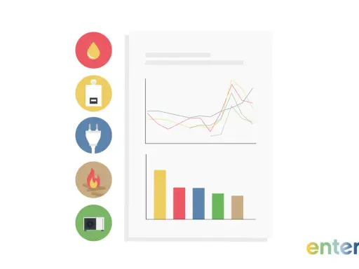 Grafiken zeigen Energieverbrauch und CO2 pro kWh Erdgas. Icons für Wasser, Heizung, Strom, Feuer und Klimaanlage.