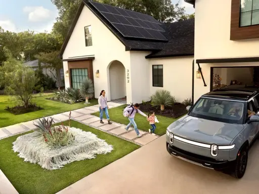 Familie kommt nach Hause, das elektrische Auto parkt vor dem Haus mit Solaranlagen. Ein smartes Garagentor öffnet sich automatisch.