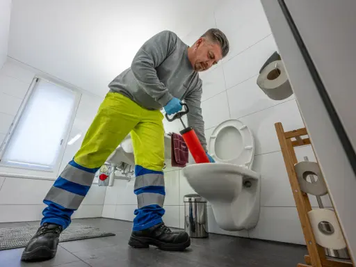 Klempner mit Saugglocke versucht, das verstopfte Klo zu befreien.