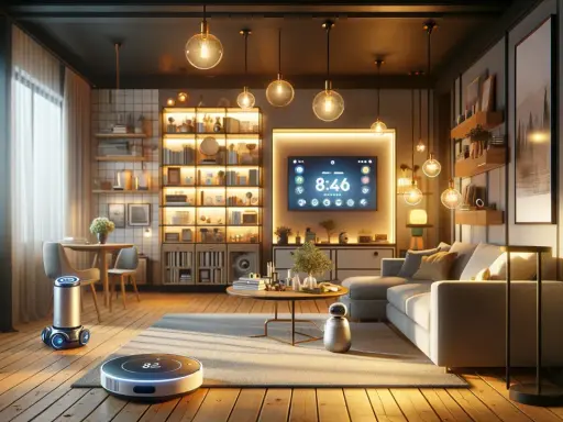Moderne smart home ideen: Roboter-Staubsauger und ein kleiner Helfer im gemütlichen Wohnzimmer mit beleuchteten Regalen und einem großen Bildschirm.