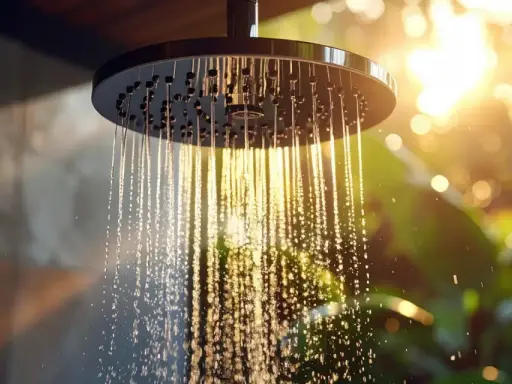 Duschkopf mit warmem Wasser im Sommer ohne Heizung. Sonnenstrahlen brechen sich im Wasser und erzeugen ein warmes, goldenes Licht.