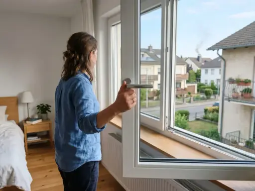 Frau öffnet Fenster im Schlafzimmer. Rauch vom Nachbarn zieht ins Zimmer.