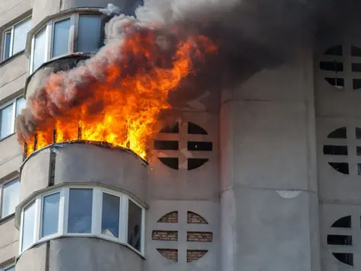 Wohnung nach Brand unbewohnbar: Flammen und Rauch steigen aus einem Balkon eines Mehrfamilienhauses. Was tun in dieser Notlage?
