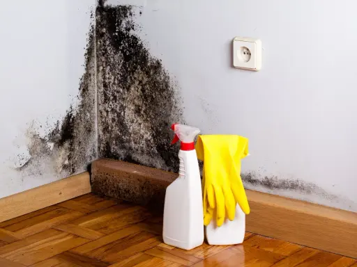 Schimmelbefall an der Wand, bereit zur Reinigung mit Sprühflasche und Handschuhen. Die schimmel tapete muss entfernt werden.