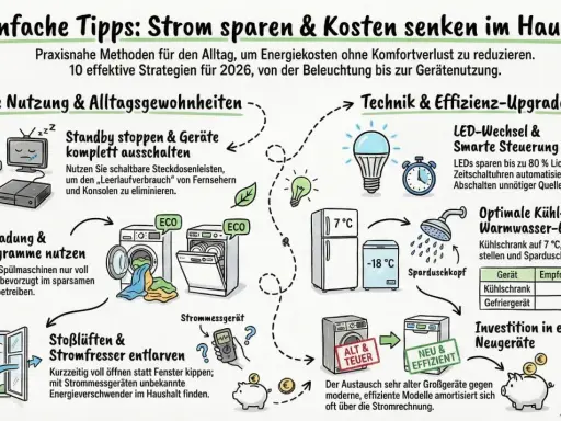 Stromfresser im Haushalt entlarven: Eine Tabelle zeigt, wie man mit Stoßlüften und Strommessgeräten Energie spart.