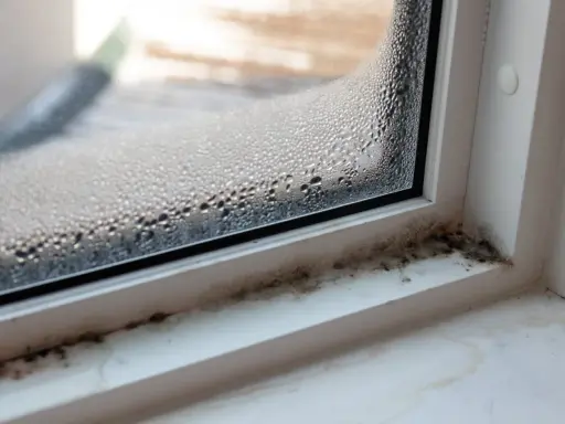 Beschlagene Fensterscheibe mit sichtbarem Schimmelbefall am Fensterrahmen. Dies kann ein Hinweis auf unsichtbaren Schimmel in der Wohnung und dessen Symptome sein.