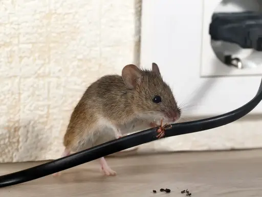 Eine kleine Maus in der Wohnung nagt an einem Stromkabel.