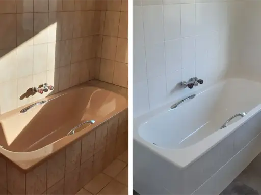 Vorher-Nachher-Vergleich: Braune Badewanne und Fliesen werden durch strahlendes Weiß ersetzt. Erfolgreiches **Fliesen lackieren** für ein modernes Bad.