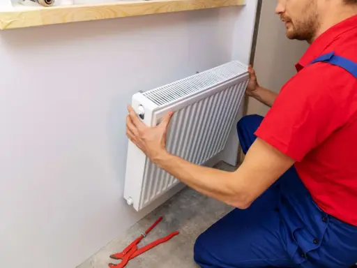 Handwerker montiert Heizkörper. Werkzeug liegt bereit.