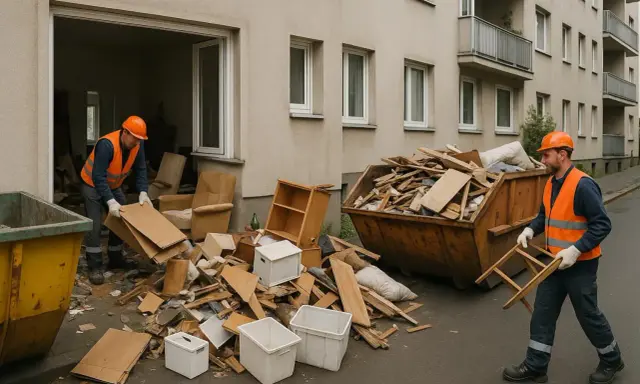 Männer in Warnwesten und Helmen räumen eine Messie-Wohnung aus. Sperrmüllcontainer und Kartons stapeln sich vor dem Gebäude.