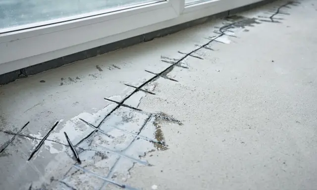 Betonboden mit eingeschnittenen Fugen und Bewehrung, bereit für die Ausbesserung des Estrichs.