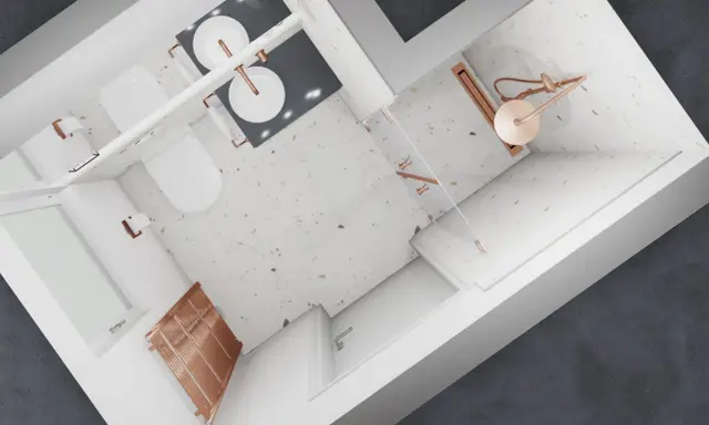 Modernes Badezimmer mit Terrazzo-Fliesen, zwei Toiletten, Doppelwaschbecken und einer Dusche. Die Kupferakzente bei den Armaturen und dem Heizkörper passen gut zu den hellen Fliesen.